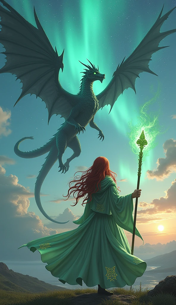 In a vast, mystical landscape, where the sky shimmers with the colors of the evening aurora, the graceful summoner Seraphina stands. Her long, flowing red hair is topped with a green hood, and her piercing green eyes are filled with determination. Her elegant robe, e of pale green cloth with magical symbols embroidered on the sleeves, billows gently in the breeze. In her hand is a staff that glows faintly with mystical energy. Seraphina summons Bahamut ZERO A massive, mechanical dragon with wings of pure energy emerges from the stars above. Bahamut ZERO, the ultimate form of Bahamut, readies his Tera Flare, a beam of destructive power that scorches the very surface of the planet, obliterating everything in its path. Taken vividly with an EOS 5D digital SLR camera.