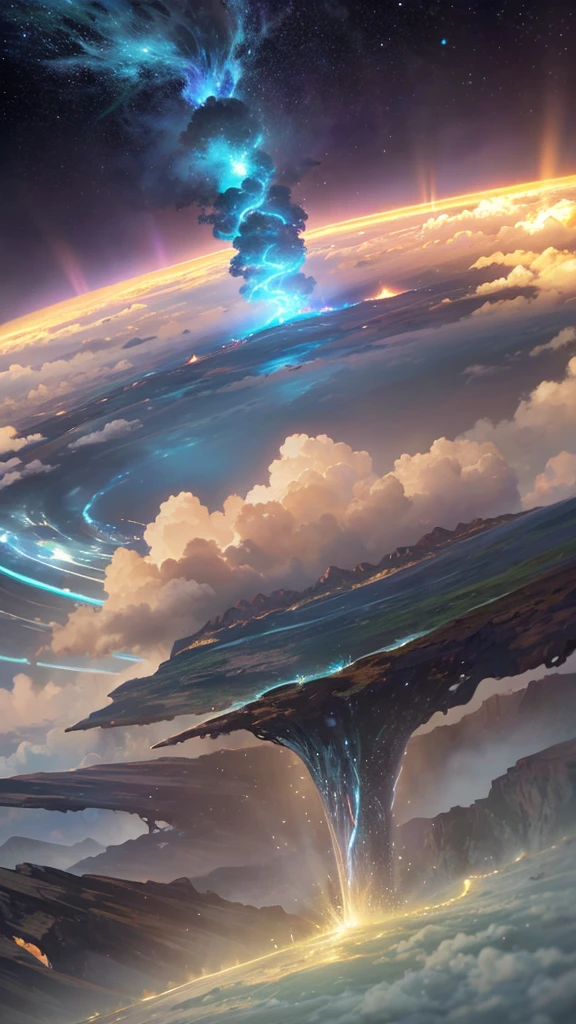 A mesmerizing and fantastical tornado swirling in the middle of a vast, open landscape. The tornado is composed of ethereal, glowing particles in shades of soft blues, purples, and pinks, giving it a magical and otherworldly appearance. The base of the tornado is surrounded by a gentle, misty fog that diffuses the light, creating a surreal glow. The sky above is filled with swirling clouds that mirror the colors of the tornado, adding to the dreamlike atmosphere. Lightning bolts, delicate and bright, occasionally flash within the tornado, illuminating the intricate patterns of the swirling particles. The overall scene is one of awe-inspiring beauty, combining the raw power of a tornado with the enchanting allure of a fantasy world.