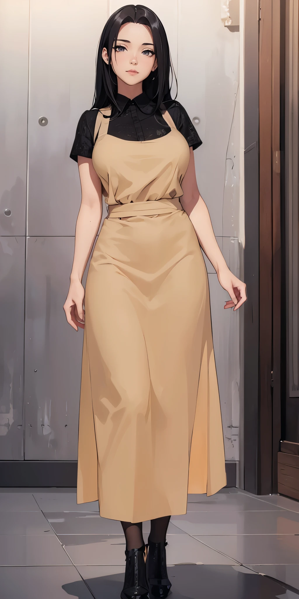 ((1girl, solo)), mikoto uchiha, large breasts, beautiful body, (perfect anatomy, perfect body, perfect hands, perfect legs), nice hands, natural proportions, sexy body, standing BREAK
((extremely detailed face)), (black eyes:1.5), (beautiful detailed eyes:1.6), (realistic pupils, realistic iris:1), expressive eyes, looking at viewer, (clear eyes:1.3), (hyperrealistic:1.2), (detailed skin texture:1.2), smooth skin, (black hair:1.5), hair intakes, sidelocks, long hair, (detailed lips:1.2), (attractive lips:1.1), (glossy lips:1.1), ((smile)), perfect face, perfect eyes BREAK
((black shirt)), collared shirt, (partially unbuttoned:1.3), short sleeves, brown apron, black footwear, (high heels:1.2) BREAK
(masterpiece:1.5), anime-style, top quality, best quality, (beautiful and aesthetic:1.2), (ultra detail:1.5), Ultra-detailed depiction, Ultra-precise depiction, extremely detailed 8k illustration, high resolution, (highly detailed shading:1.2), (realistic lighting:1.4), perfect lighting, vibrant colors, dynamic tones, striking hues, 8k, absurd resolution, perfect shadows, hdr, UHD, ambient lighting, realistic, ultra-realistic, photo realistic, highly detailed, rich detail, luminous colors, fine texture, intricate design, professional illustration, (soft light:1.2), (illustration:0.7)