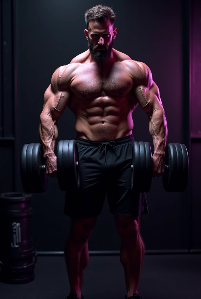 man strong, muscular arms and legs, in gym, holding dumbbells, image background in black and purple colors, where the color black predominates
