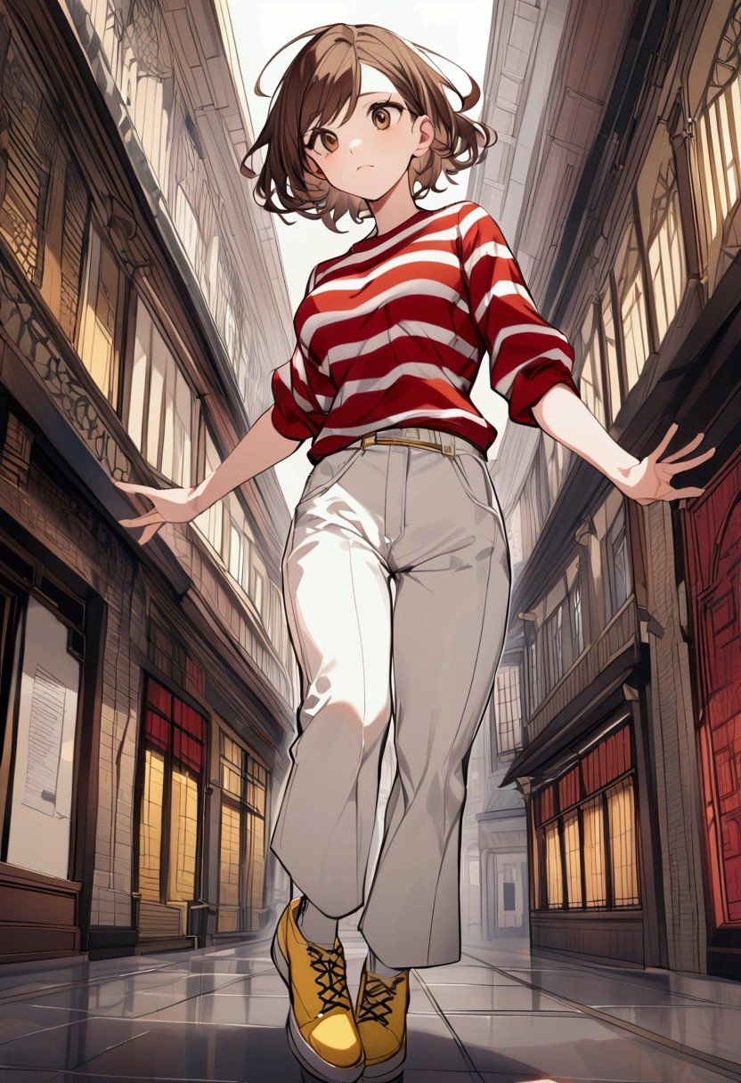 a woman with short brown hair and dark brown eyes. She was wearing a red striped shirt, white pants with black stripes, and bright yellow shoes.