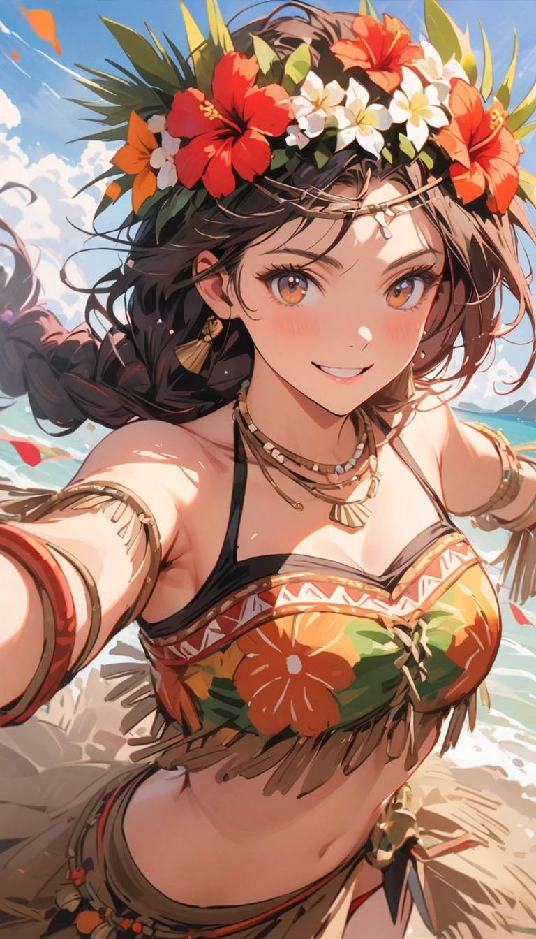  girl with a realistic smile、Sit with your back to the chair、wearing a big bikini on the butt、(Super close-up looking up from below、Smile、facing back、Super close-up shot of the butt.、Slightly thicker emphasis on the thighs、She is wearing a micro bikini with a floral pattern on her chest.....................、Emphasis on cleavage、sexy brown skin tone、Tahitian dancer、dance tahitian dance、pareo(wear a skirt around the waist)、seashell necklace around neck、hibiscus ornament in hair、Sexy Posing、Tropical Beach
