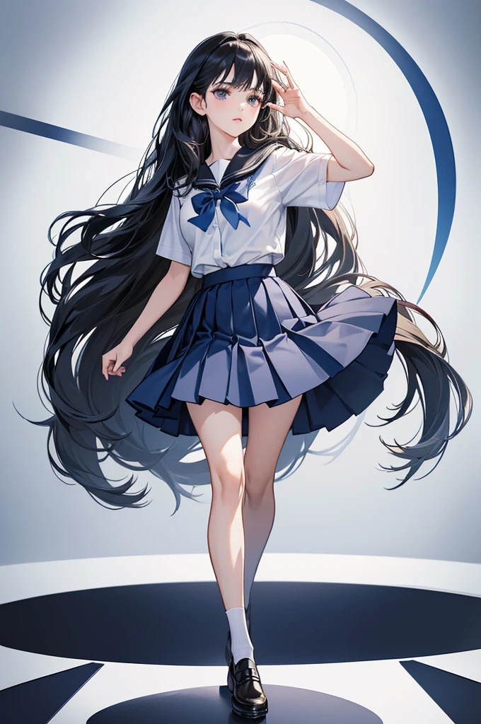 (The CG is very detailed.:1.2), (Masterpiece:1.2), (best quality:1.2),,((nonsense)),look at viewer,full body, ,(1 girl),alone,(long hair),(High school uniform),(White short sleeve shirt),(navy_Blue pleated skirt),(long skirt),Dynamic angle,stand,dynamic gesture,((delicate face)),, 