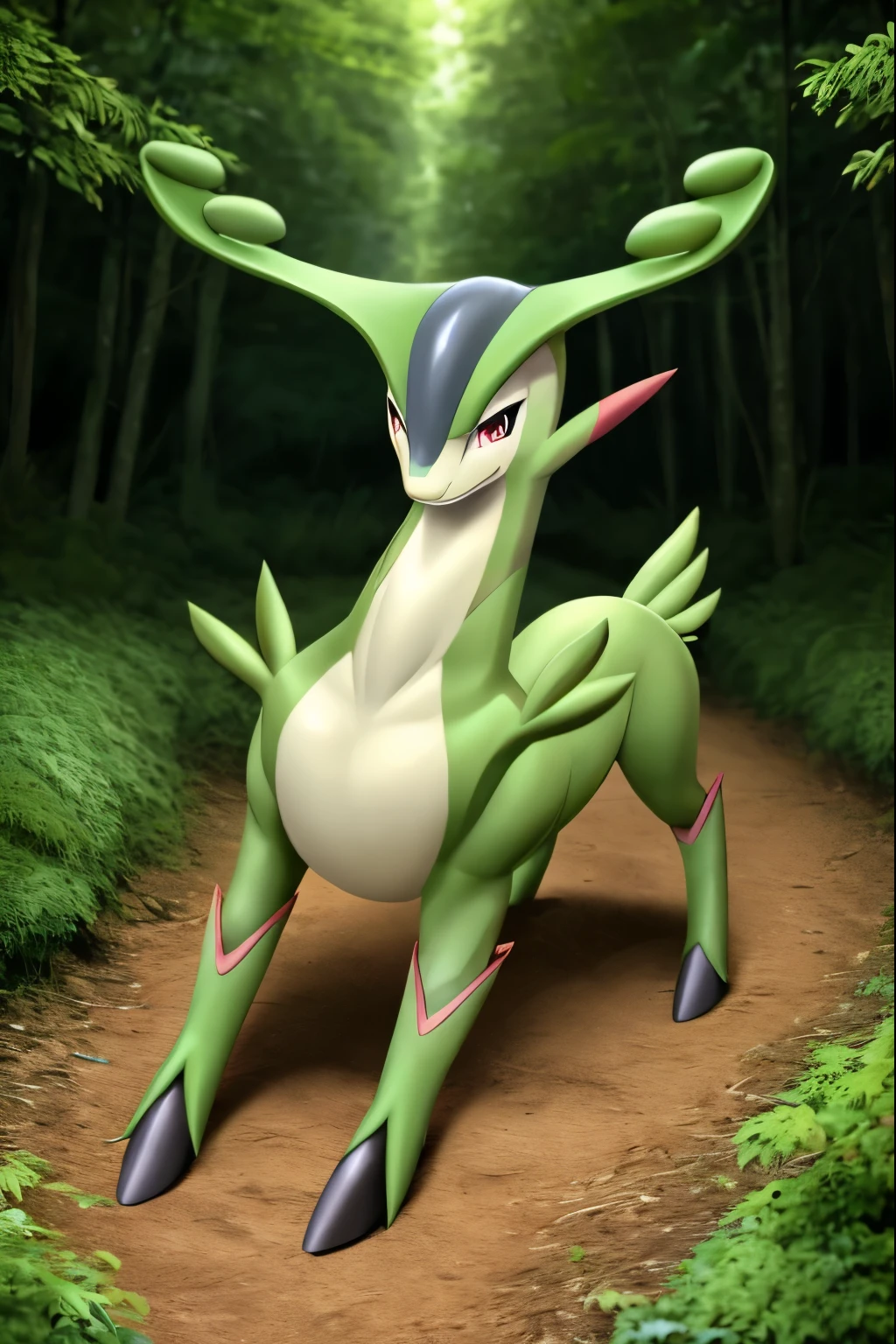 uploaded on e621, (katahane3) , female, 1 girl, solo, virizion, feral, perfect_face, deer body, deer taur, 4 deer legs, seductive, dense vegetation, mystical forest, river, thin body, wide hips, on the ground, hooves, all fours, quadruped, looking at the viewer, 
