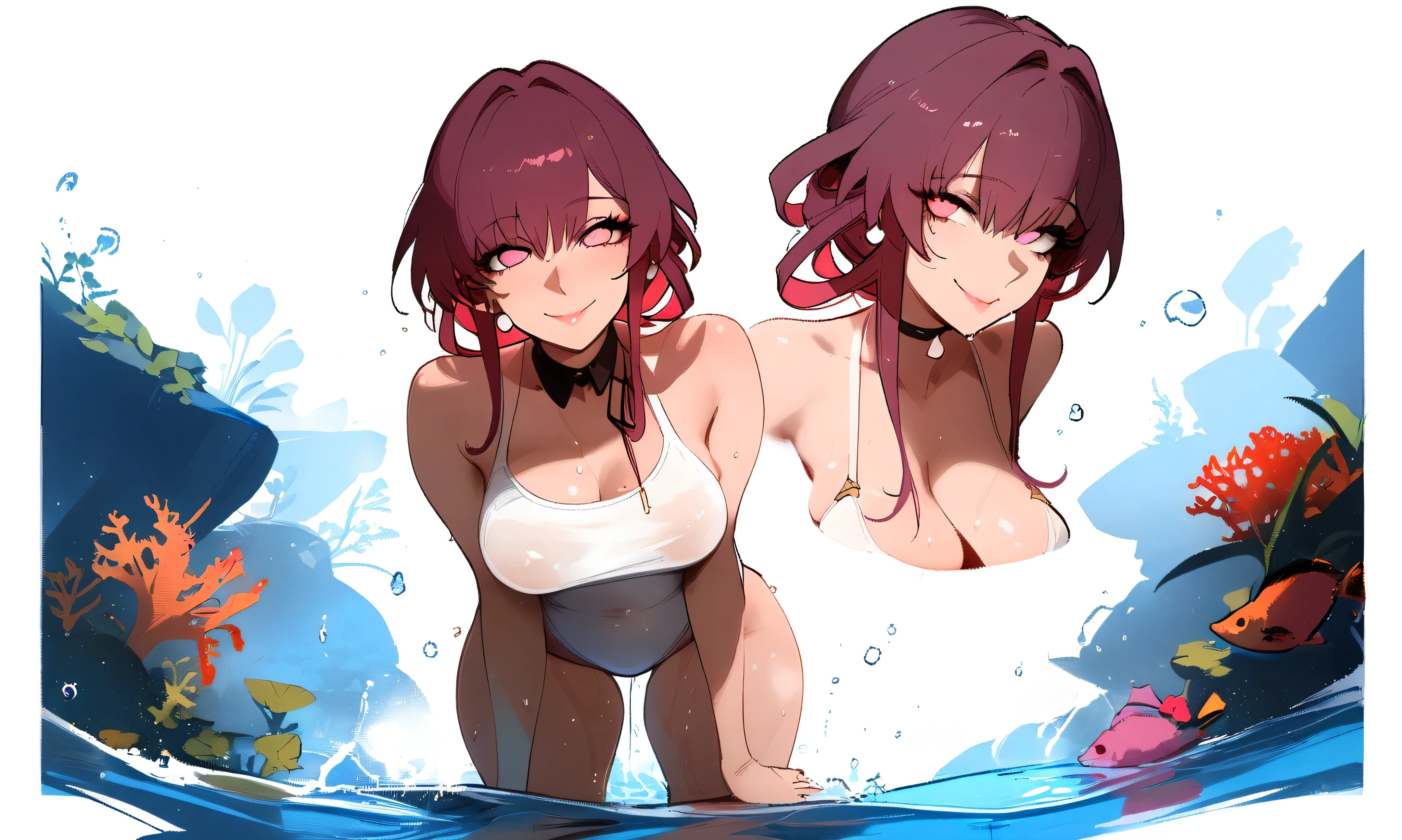 1girl, kafka \(honkai: star rail\), honkai \(series\) \\\\\ masterpiece, best quality, newest ///// nyantcha, khyle, cutesexyrobutts \\\\\ thin waist, solo, outside border, big tits,, in heat, wet, sweat, white one-piece swimsuit, naughty smile, white outline, underwater, , corals, looking at viewer, leaning forward, , choker