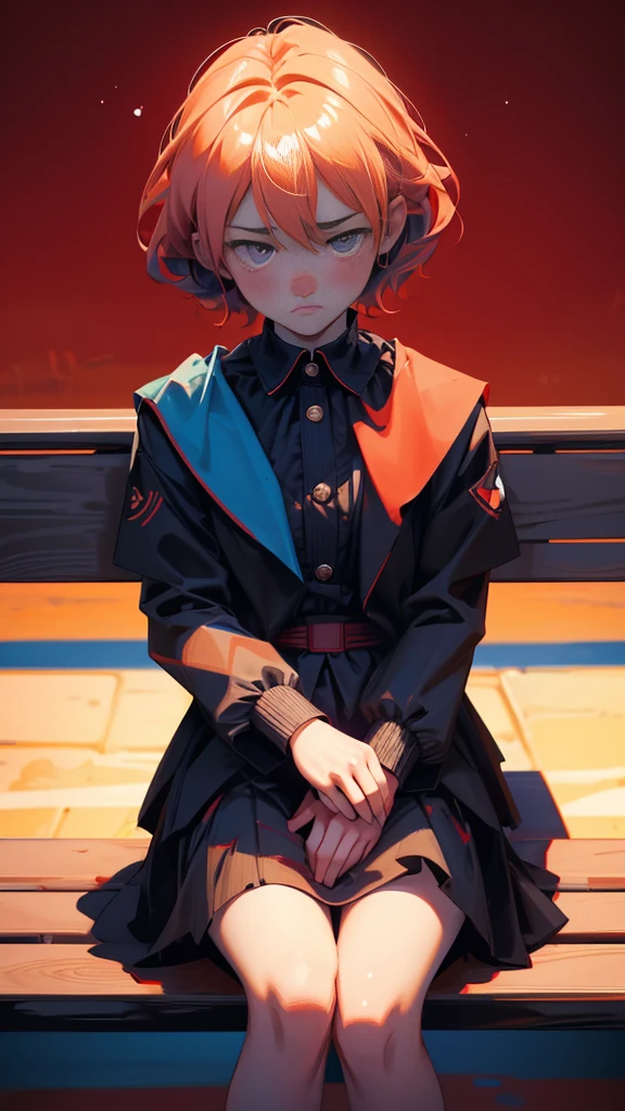 there is a girl that is sitting on a bench with sad face, perfect eyes, satoshi, bitcoin evil, 🚀🚀🚀, crypto, 3 0, bitcoin, cryptocurrency, ripple, doge, official fanart, 3 1, official artwork, daoshi, satoshi con, this is fine, official art, sad face, red color theme 🔞🤡