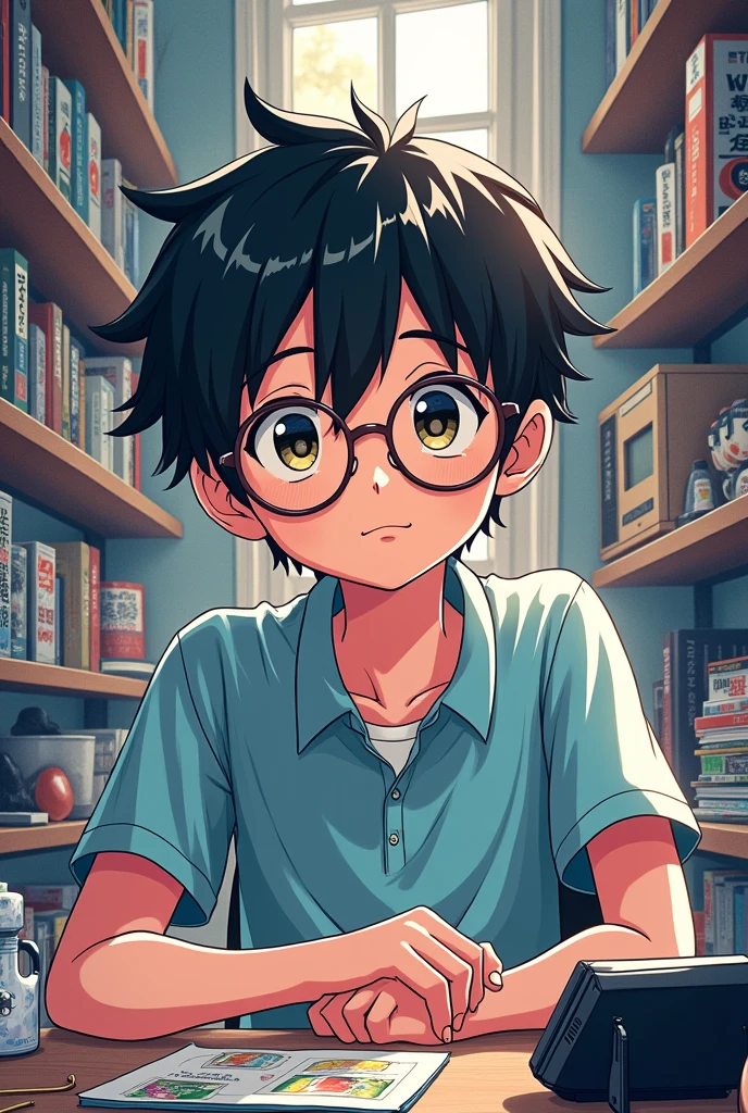 Generate an image of a guy with anime style glasses surrounded by otaku stuff.