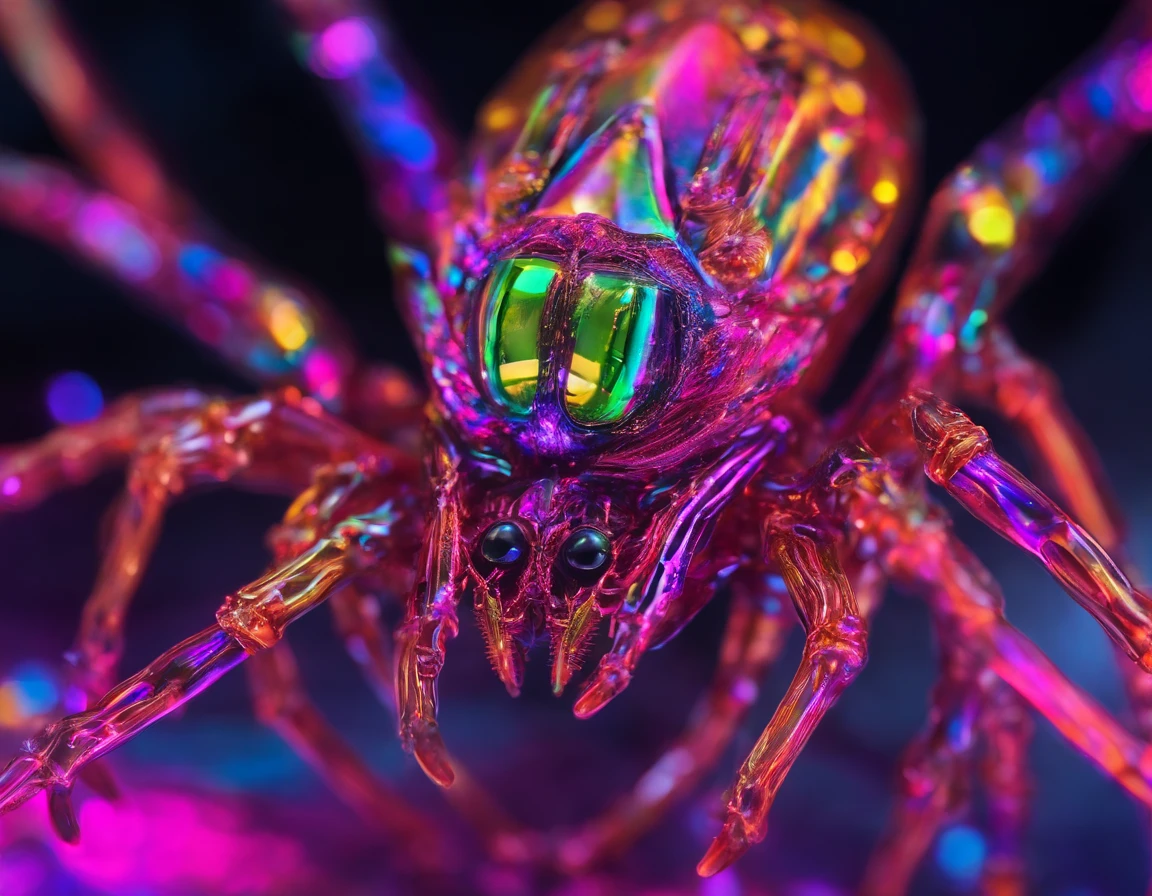 (Arachnid, Multi-colored glass,glimmering:1.1,Translucent,Fragile,hyper HD,ultrasharp, intricate, Alien species of spider, extreme detail, abstracted, Escultura, Sparkly Colors, neon green web, pink eyes, Bold vivid colors, Cinematic macro photography, Studio background lighting, enchanting:1.1)