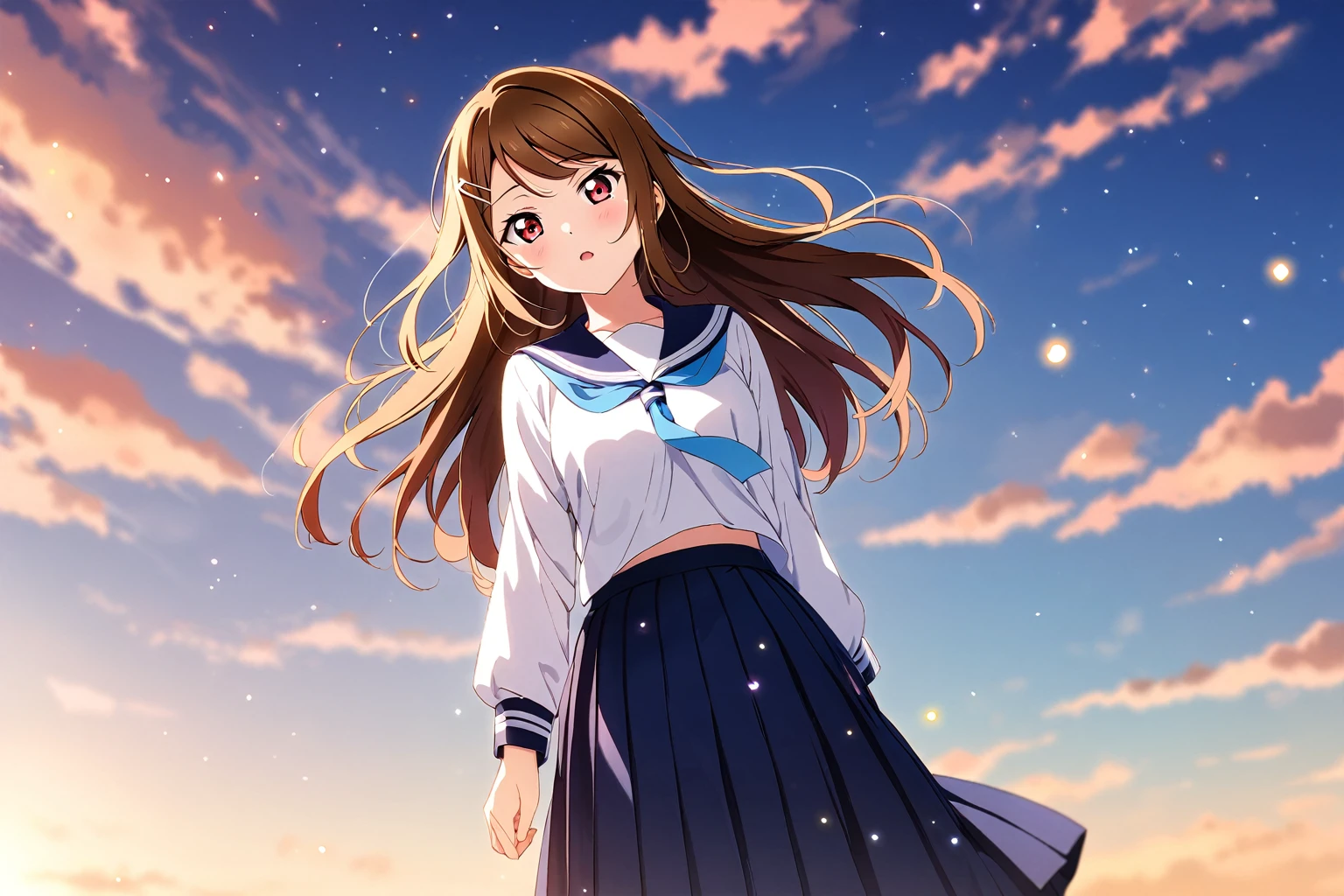 love live!, 1girl, solo, brown hair, sidelocks, swept bangs, hairclip, red eyes, blue tie, parted mouth, dark blue sailor collar, white shirt, serafuku, long sleeves, dark blue skirt, pleated skirt, long skirt, looking at viewer, standing, sky, sky background, particles, shiny, aesthetic, sharp focus, depth of field, illustration, arms at sides, long hair
