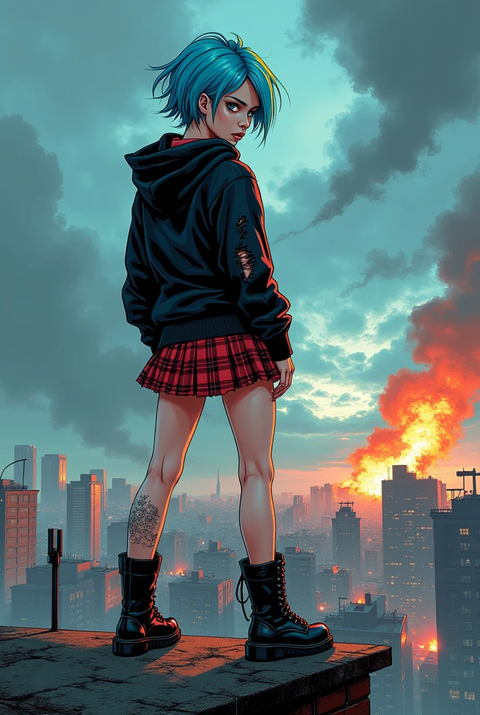 A punk-inspired goth tomboy, with bright blue hair in a pixie cut, fierce gray eyes, wearing a distressed black hoodie, plaid skirt, and combat boots, perched on a rooftop, overlooking a dystopian skyline, with swirling storm clouds and distant explosions, A Vector illustration in the style of Retro Futurism, Pop Art, and Graphic Novel, by Jamie Hewlett, inspired by Nemesis from Resident Evil 3