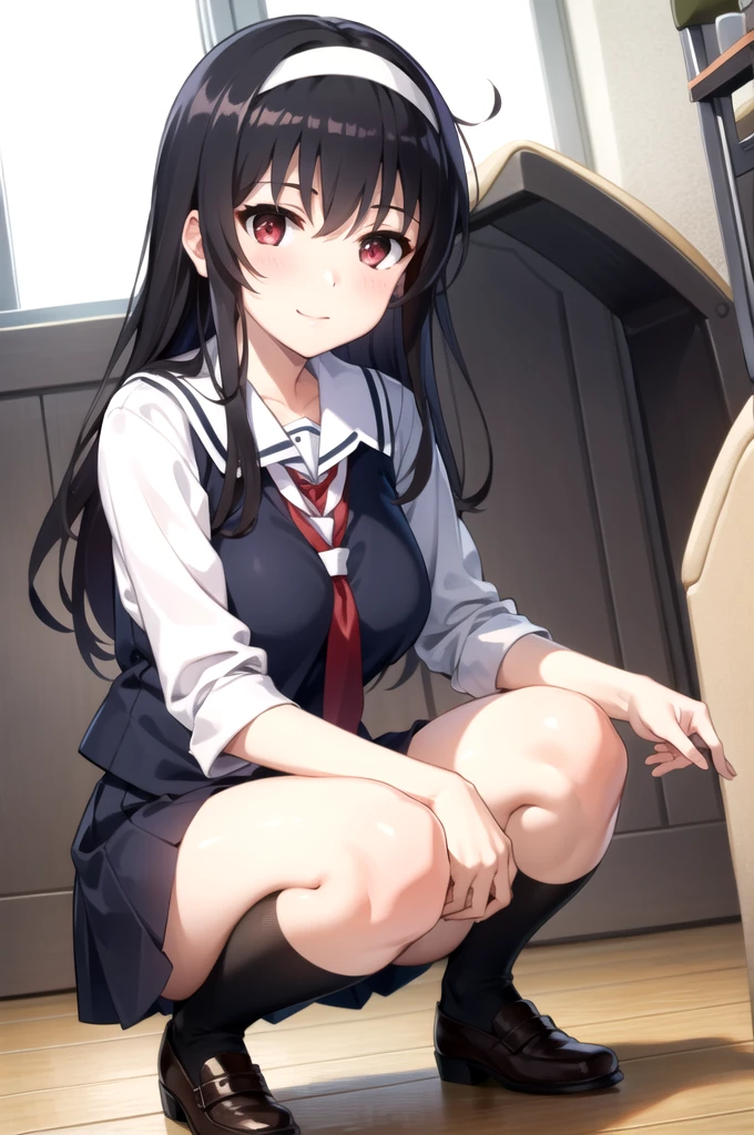 tall body, tall, long legs, mature female, mature, adult, eft_saekano_utaha, 1girl, kasumigaoka utaha, solo, long hair, hairband, black hair, red eyes, view from below, squatting, white hairband, shirt, bangs, indoors, looking at viewer, smile, breasts, school uniform, pantyhose,