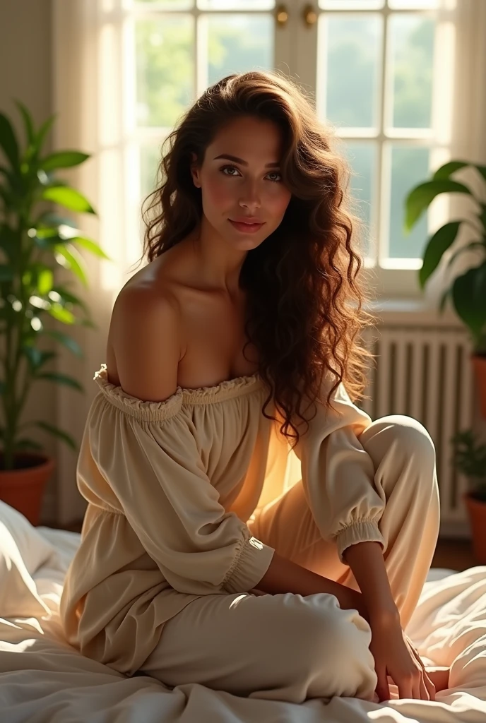 (photorealism:1.2), beautiful woman, sitting on bed, wearing loose off-shoulder top, pajama pants, long curly hair, indoors, soft lighting, plants in background, window with sunlight, cozy room, relaxed pose, realistic, intricate details, warm colors, by Greg Rutkowski, by Alphonse Mucha