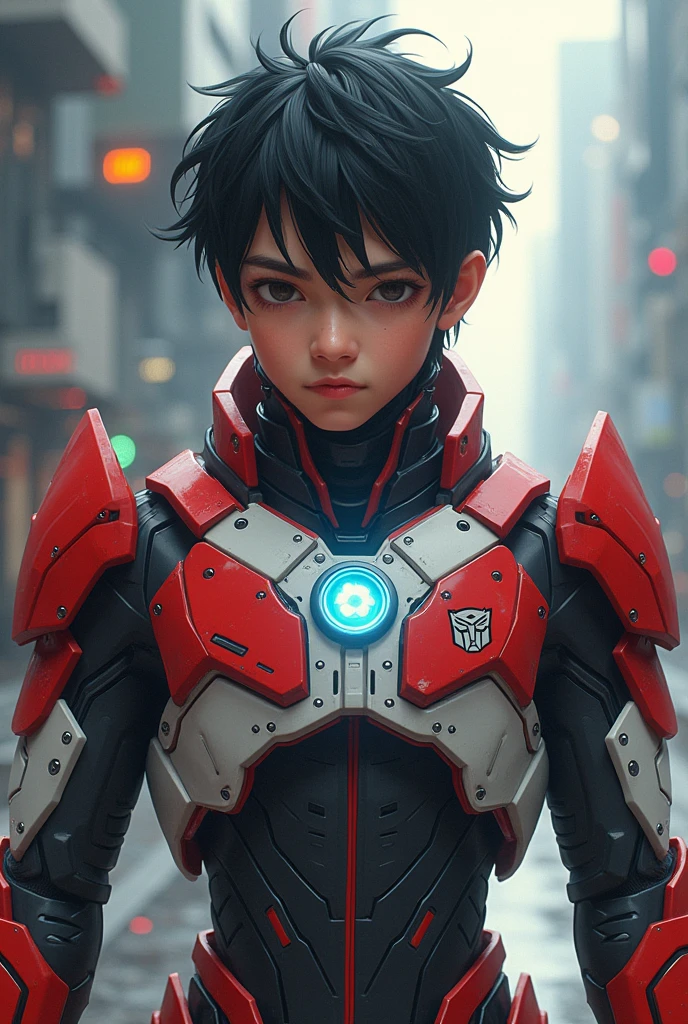 Boy malay Indonesia wear red white exoskeleton. Robot face on body. Led nipple blue. Black hair little white hair detail. . 19 year old boy. Wavy hair. Tan skin. High tech suit. Mirage armor . Taking anger robot face red. Emoji robot. Robot logo. Mechanize robot face at chest. Talking robot on body. Robot look front.. robocop concept.live bobot on body. Gi goe. Red white. Ultraman suit. Round shape Robot face on center.optimus prime Robot eyes on point nipples host suit. Robot Mouth on abs.