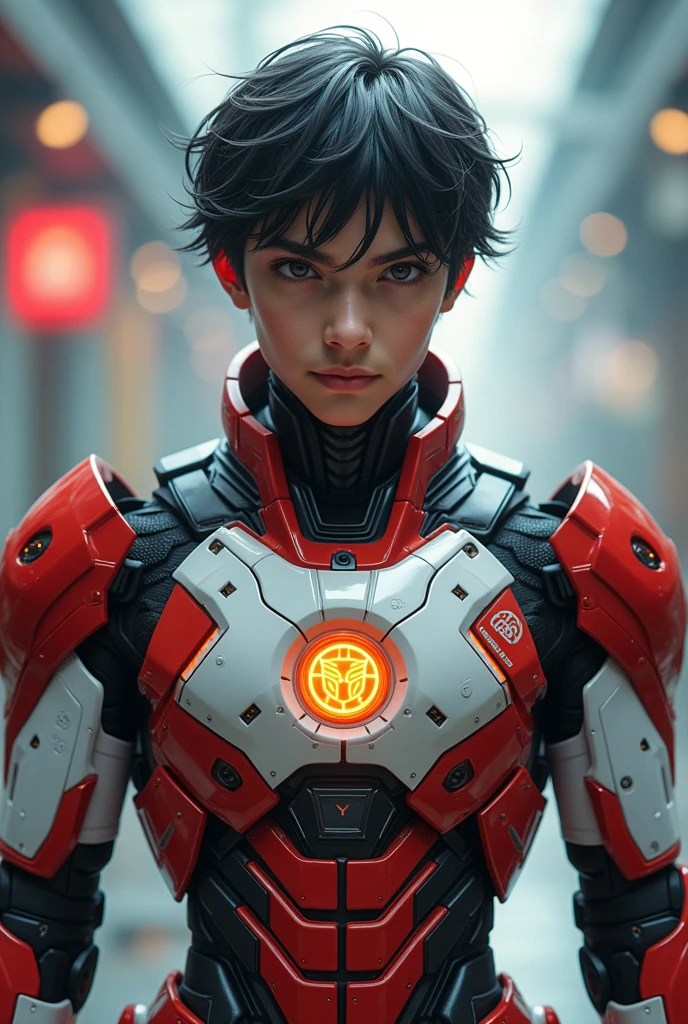 Boy malay Indonesia wear red white exoskeleton. Robot face on body. Led nipple blue. Black hair little white hair detail. . 19 year old boy. Wavy hair. Tan skin. High tech suit. Mirage armor . Taking anger robot face red. Emoji robot. Robot logo. Mechanize robot face at chest. Talking robot on body. Robot look front.. robocop concept.live bobot on body. Gi goe. Red white. Ultraman suit. Round shape Robot face on center.optimus prime Robot eyes on point nipples host suit. Robot Mouth on abs.