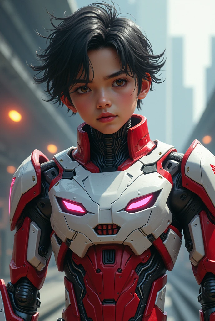 Boy malay Indonesia wear red white exoskeleton. Robot face on body. Led nipple blue. Black hair little white hair detail. . 19 year old boy. Wavy hair. Tan skin. High tech suit. Mirage armor . Taking anger robot face red. Emoji robot. Robot logo. Mechanize robot face at chest. Talking robot on body. Robot look front.. robocop concept.live bobot on body. Gi goe. Red white. Ultraman suit. Round shape Robot face on center.optimus prime Robot eyes on point nipples host suit. Robot Mouth on abs.