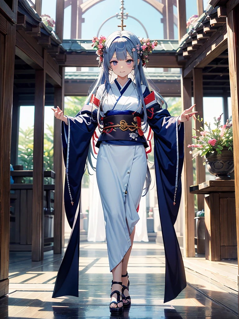 Magnificent View、Floating Island、Hanging Garden、Outdoor、High definition、Holy Maiden、Shrine maiden、With many flowers blooming、Silver Hair（The top of the head is indigo blue、The ends of the hair are red.）、whole body、Jade Eyes、Dance dedicated to the gods、Votive dance
