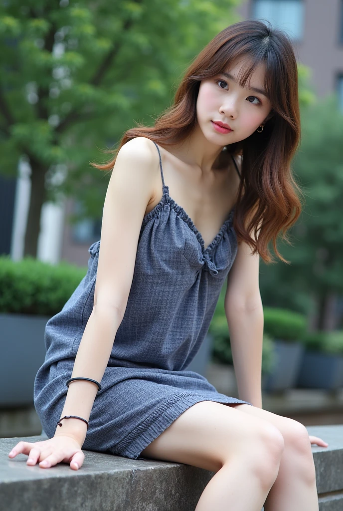 Taiwanese.Delicate skin.Adorable big eyes.Attractive lips slightly parted. Beautiful SOFY.The background is a group of urban buildings