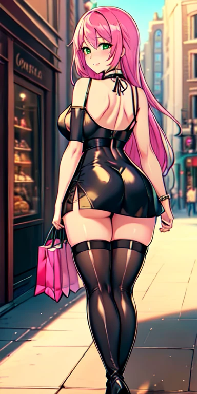 Masterpiece, beautiful art, 8k, art style by sciamano240, very detailed face, detailed hair, detailed clothes, detailed fabric, 1girl, beautiful face, long hair, pink hair , model head shot, facing camera, very detailed green eyes, sultry smile, wearing black spaghetti strap tube top , black dior thigh boots, black pencil skirt, walking , out shopping, necklace, chocker, rosey cheeks, sunny summer setting, full body rear view,