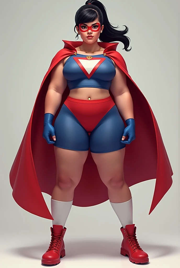 Full body picture:Laika tights, Age 25-30, Superwoman, Mature, Round Face, beautiful, big eyes, Black Hair, Ponytail, Athlete physique, plump, Costumes: in spandex, Red Cape, Siamese, Tight, sleeveless, swimsuit, Blue top,White on both sides, Inverted white triangle symbol, White knee socks, Red Boots, Red lingerie, Thighs outward,Blue fingerless short sleeves, White shooter sleeves, Red Domino Mask.