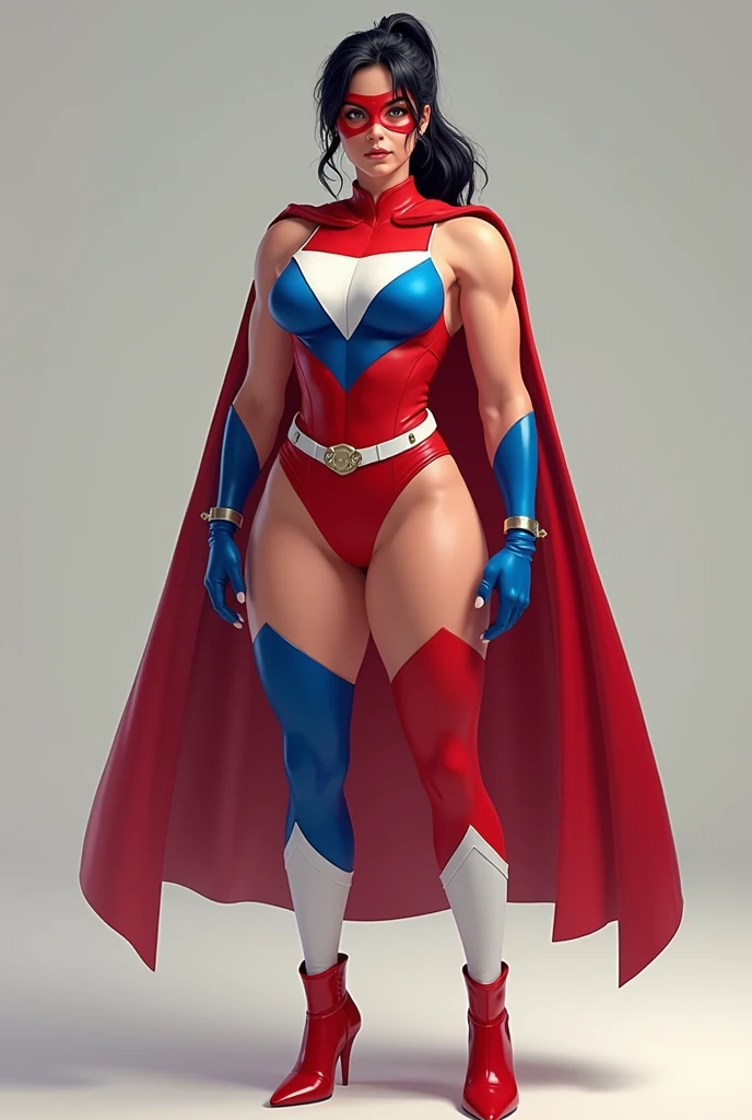 Full body picture:Laika tights, Age 25-30, Superwoman, Mature, Round Face, beautiful, big eyes, Black Hair, Ponytail, Athlete physique, plump, Costumes: in spandex, Red Cape, Siamese, Tight, sleeveless, swimsuit, Blue top,White on both sides, Inverted white triangle symbol, White knee socks, Red Boots, Red lingerie, Thighs outward,Blue fingerless short sleeves, White shooter sleeves, Red Domino Mask.