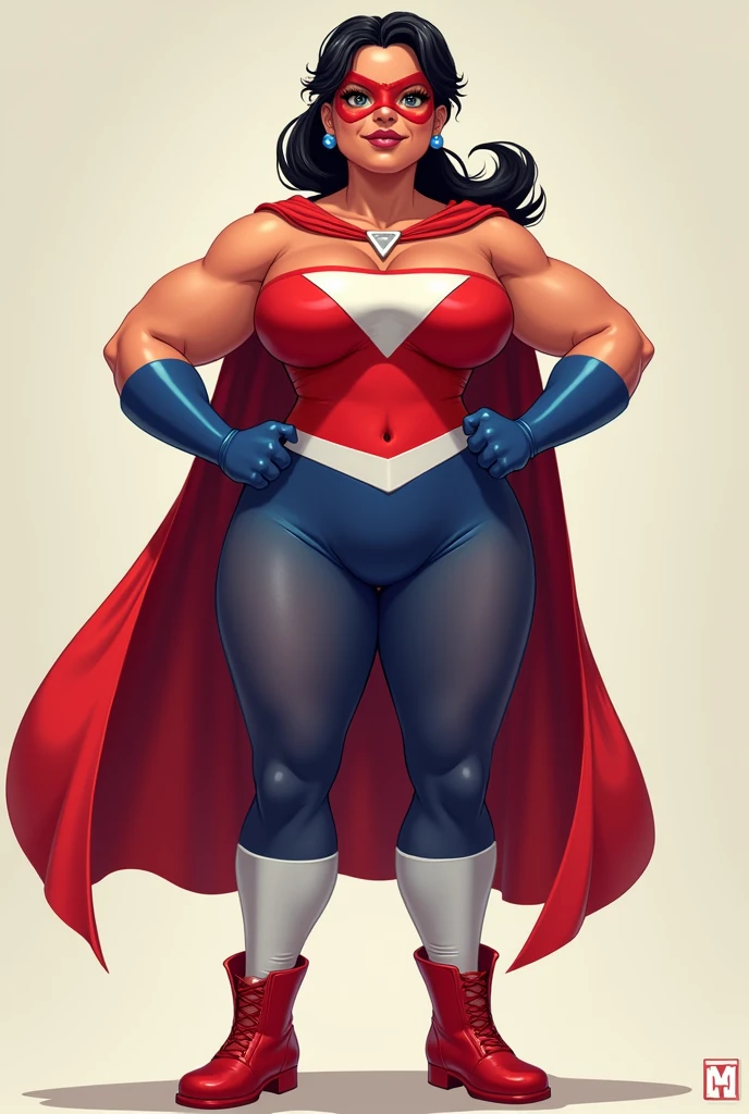 Full body picture：Laika tights, Age 25-30, Superwoman, Mature, Round Face, beautiful, big eyes, Black Hair, Ponytail, Athlete physique, plump, Costumes: in spandex, Red Cape, Siamese, Tight, sleeveless, swimsuit, Blue top，White on both sides, Inverted white triangle symbol, White knee socks, Red Boots, Red lingerie, Thighs outward,Blue fingerless short sleeves, White shooter sleeves, Red Domino Mask.