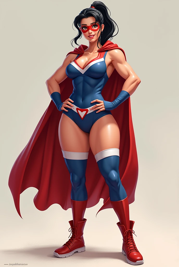 Full body picture:Laika tights, Age 25-30, Superwoman, Mature, Round Face, beautiful, big eyes, Black Hair, Ponytail, Athlete physique, plump, Costumes: in spandex, Red Cape, Siamese, Tight, sleeveless, swimsuit, Blue top,White on both sides, Inverted white triangle symbol, White knee socks, Red Boots, Red lingerie, Thighs outward,Blue fingerless short sleeves, White shooter sleeves, Red Domino Mask.