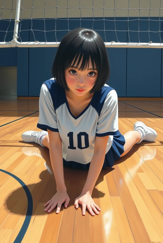 Japanese short black hair high school girl painting style。
oil。
Volleyball club practicing in the gym。
The uniform is white and blue on top、Bottom is black。
The number on his front is 10. It looks like a photograph.。
Lying on the floor so that I could see her from head to butt, like an oil painting.