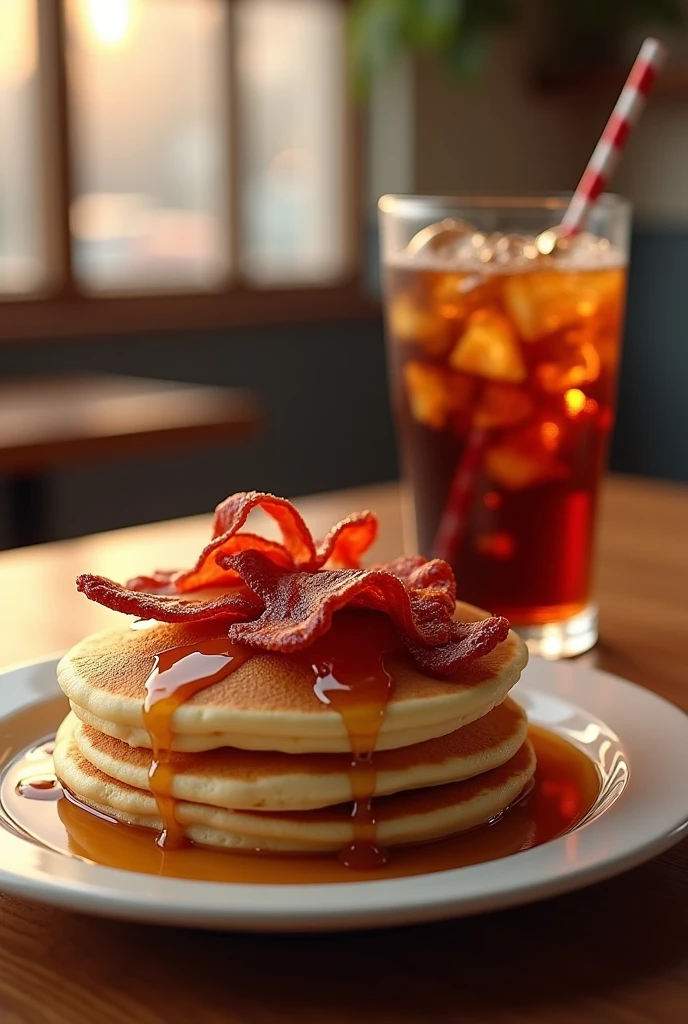 Pancakes with bacon n syrup and coke to drink