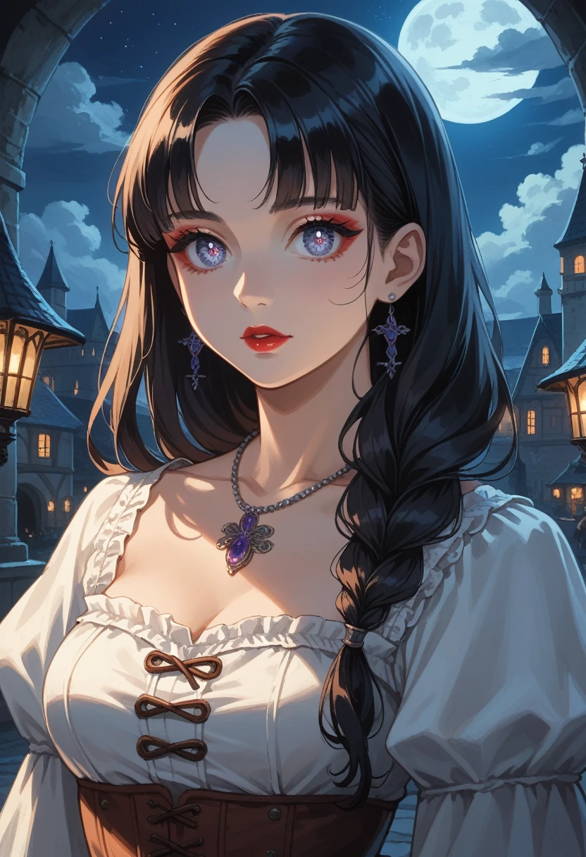 Anime, High-resolution illustrations, unrivaled masterpiece, ultra-realistic 8k CG, perfect artwork, (fidelity: 1.5), ((night)), cloudy, gorgeous girl, fair skin, (solo), long silky black hair, bangs, fringes on the forehead, sparkling violet eyes, huge, (well-proportioned curves), makeup, Medium breasts:1.2, (Compressed chest:1.3), bust bulging, ((wearing a fantasy dress with medieval design)), necklace, character in the middle, standing, near palace, lipstick