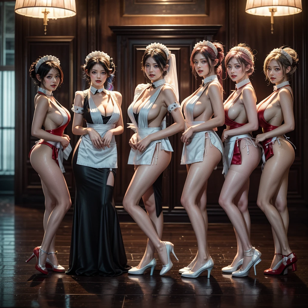 (Full Body of Extremely Detailed((Sexy Maid Group in a row:1.37))), KAWAII perfect face with Reflective Eyes, Detailed(Delicate Clothing textures), Correct Graceful Legs, Dynamic Joyful Expressions LifeLike Rendering, Specular Reflection, TopQuality 8K Ultra-detailed masterpiece (ProfessionalPhoto:1.37), (Acutance:0.8), (Luminism:1.28), Renaissance art style, Colorful Light particles, (Full body from side) {MicroMini Skirt|Kissing Face to Face|Thigh Gap|Cute Peach AssFocus|(NakedApron with (Overflowing Sideboob))}, Radiant Fine Skin with Transparency, (Exposed:0.4) {Pink Hair|LightBlue Hair|Blonde|Pure White Hair|Liquid Hair|Red Shoes}, Perfect Lighting