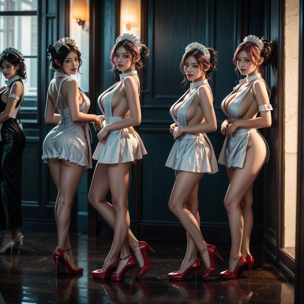 (Full Body of Extremely Detailed((Sexy Maid Group in a row:1.37))), KAWAII perfect face with Reflective Eyes, Detailed(Delicate Clothing textures), Correct Graceful Legs, Dynamic Joyful Expressions LifeLike Rendering, Specular Reflection, TopQuality 8K Ultra-detailed masterpiece (ProfessionalPhoto:1.37), (Acutance:0.8), (Luminism:1.28), Renaissance art style, Colorful Light particles, (Full body from side) {MicroMini Skirt|Kissing Face to Face|Thigh Gap|Cute Peach AssFocus|(NakedApron with (Overflowing Sideboob))}, Radiant Fine Skin with Transparency, (Exposed:0.4) {Pink Hair|LightBlue Hair|Blonde|Pure White Hair|Liquid Hair|Red Shoes}, Perfect Lighting