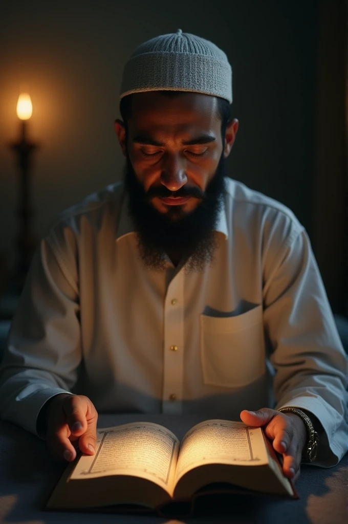A man sits in a quiet room with an open Quran, reciting Surah Al-Mulk solemnly under the light of a lamp.