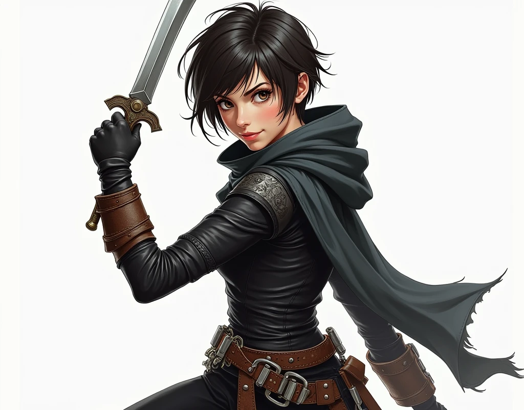 A young woman in a dynamic, fighting pose. She has the look of an expert thief, con un corpo snello e agile, ready for action. He wears light black leather armor with metallic details and a belt full of daggers.. Ha capelli corti e spettinati, con un'espressione furba e determinata. His gaze is forward with a confident and mischievous smile., while holding one of his hands near a dagger, ready to strike a blow. There is no background, il personaggio è isolato per essere facilmente applicato su una maglietta."