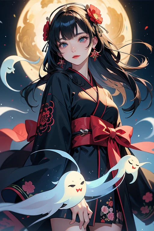 ((Highest quality)), ((masterpiece)), (detailed), One person, sexy,Black kimono、Temple、Black hair、Breeze、ghost