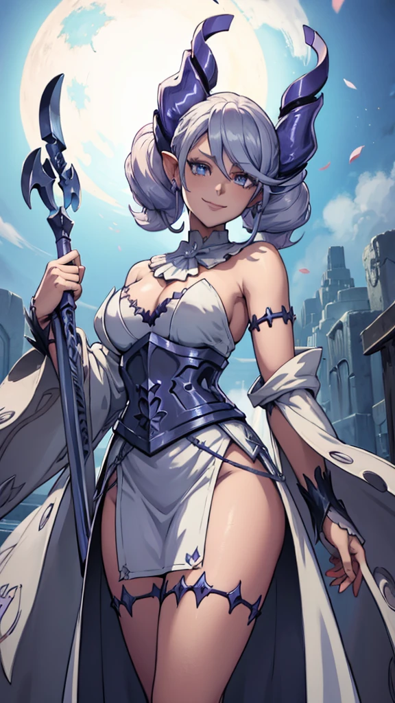 archfiend demonic anime - style image of a woman dressed in a white dress and a sword, cushart krenz key art feminine, high detailed official artwork, detailed key anime art, anime fantasy illustration, official anime artwork, anime fantasy artwork, shadowverse style, full art, official art, official artwork, beautiful fantasy anime , horn , short hair ,ears , smile , looking at viewer , view full character , temptation