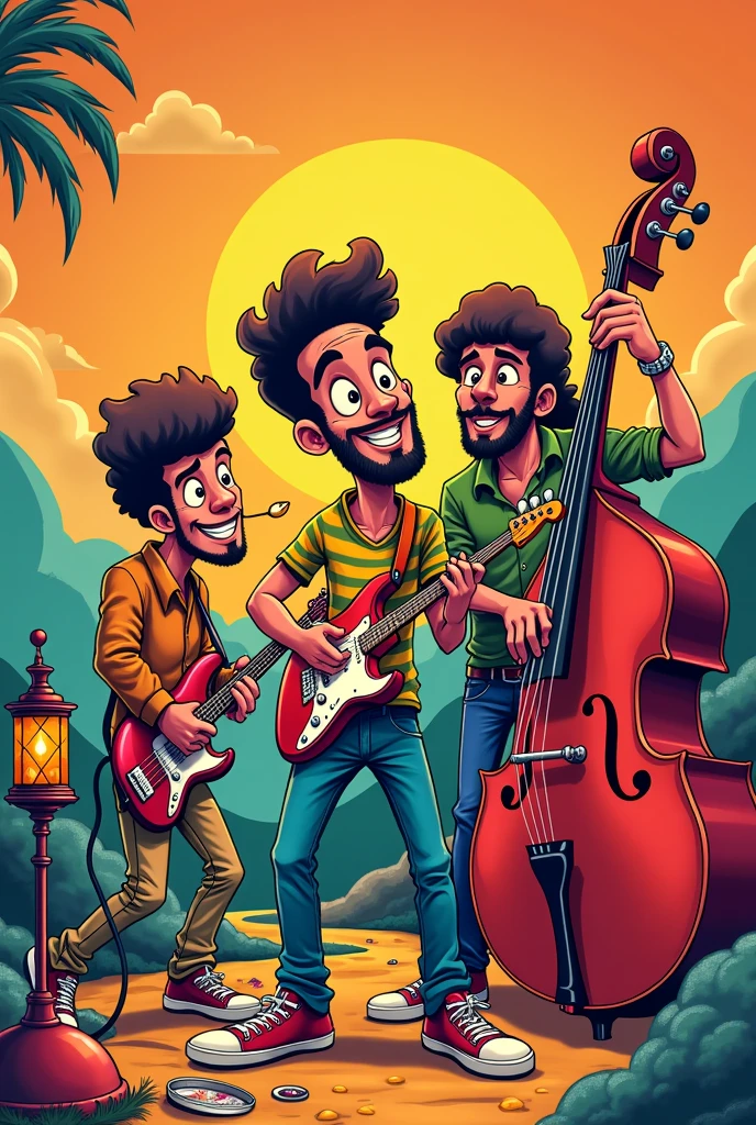 
There are three cartoon characters playing music, Poster art by Karoly Brocchi, Pixel, funk art, music poster, 🪔 🎨;🌞🌄, Poster, 80s poster, Poster, Illustration poster, rock &#39;n&#39; roll, 80s style poster, Propaganda Art, Ink art brawlstars