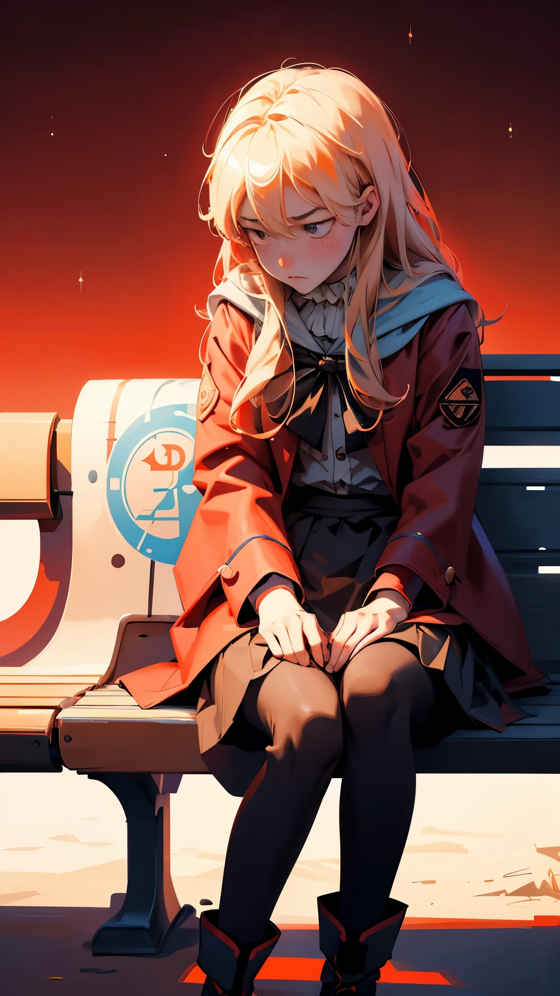 there is a girl that is sitting on a bench with sad face, perfect eyes, satoshi, bitcoin evil, 🚀🚀🚀, crypto, 3 0, bitcoin, cryptocurrency, ripple, doge, official fanart, 3 1, official artwork, daoshi, satoshi con, this is fine, official art, sad face, red color theme 🔞🤡