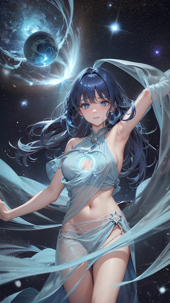 A breathtaking and fantastical blue star shining brilliantly in the vast expanse of space. The star radiates an intense, ethereal blue light that illuminates the surrounding cosmic dust and gas, creating a glowing nebula in shades of deep blues and purples. The star's surface is covered with swirling patterns of plasma, constantly shifting and glowing with varying intensities. Around the star, wisps of light and energy spiral outwards, creating a mesmerizing dance of color and movement. The star's light casts a gentle, shimmering reflection on nearby celestial bodies, adding to the sense of wonder and mystique. The overall scene is otherworldly, capturing the awe-inspiring beauty and mystery of a powerful blue star in the depths of the cosmos.