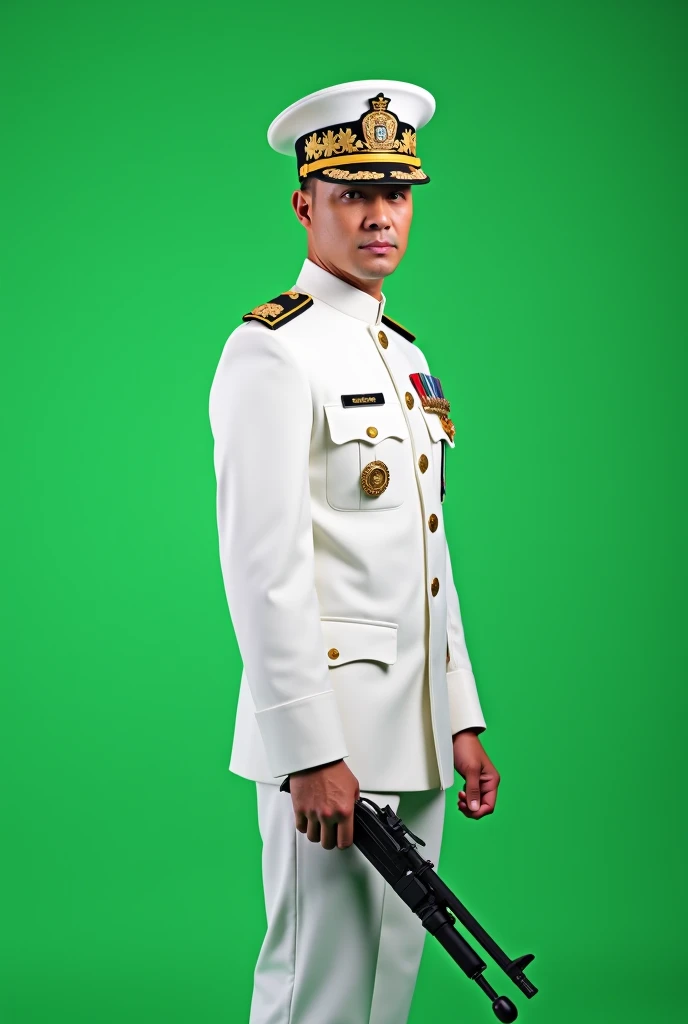 Straight viewed, male, A white uniforms military governor general standing with a gun in his hand. King's crown on head. Plain full green screen background
