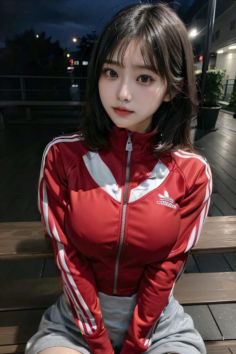 He is wearing a long-sleeved red Adidas tracksuit with a zipper at the front.、Big Breasts、Short Hair