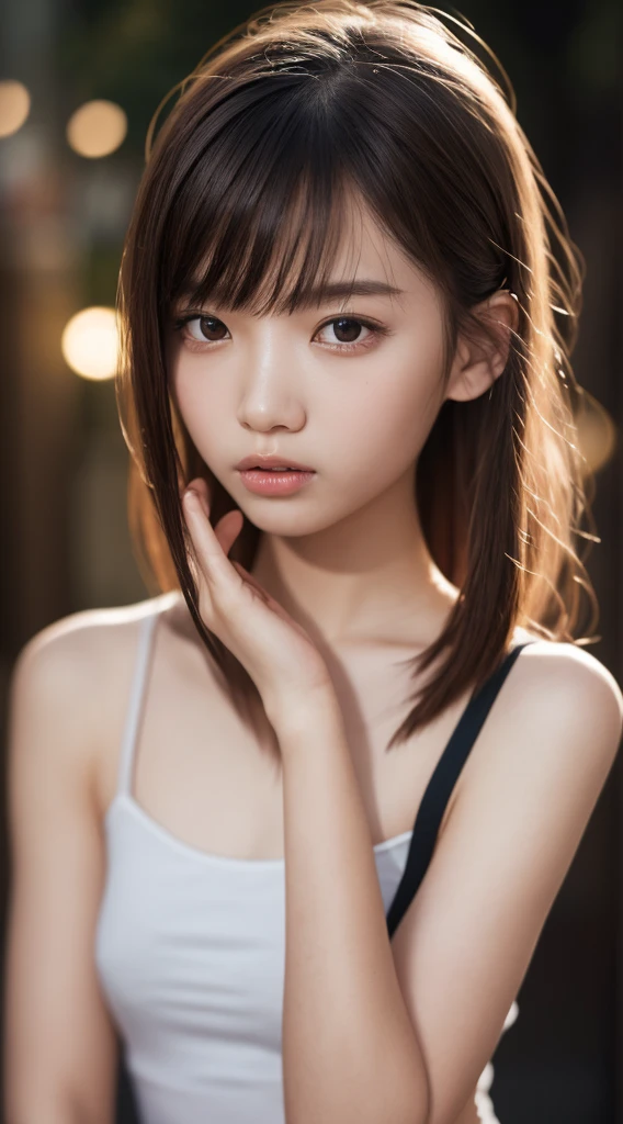 masterpiece, best quality, 8k, 15yo, teen, raw photo, absurdres, award winning portrait, solo, night, neon, idol face, violaceaess, gardeniass, delicate girl, upper body, DSLR, looking at viewer, candid, sophisticated, youthful, thin arms, professional lighting, film grain, chromatic aberration, (detailed eyes and face:1.0), (bokeh:1.1)