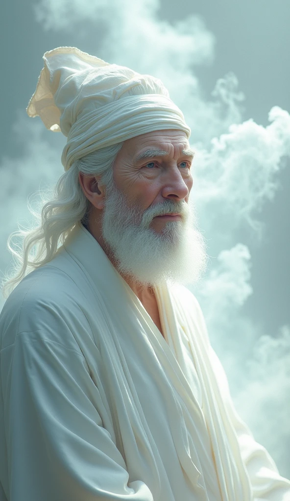 Create a 3D illustration of a wise old man pure devine White skin, wearing a white jacket and conical hat, with glowing color, smoke artistically forming a frame edit Photoshop Computer named, style, detailed face, focus on face, 8K