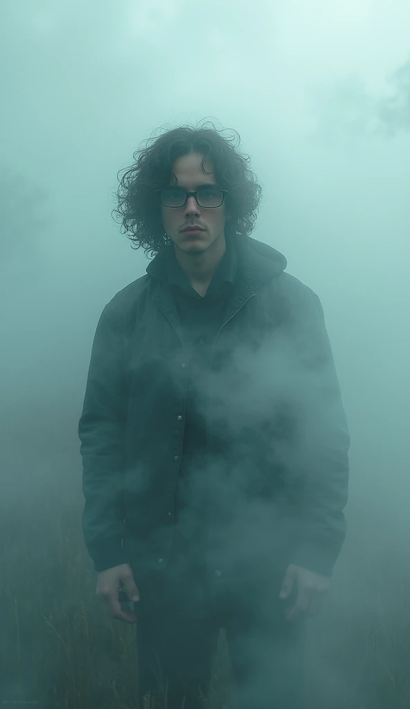 (Mysterious fog:1.5), (Thick Fog:1.2), a young man with curly long hair in mysterious fog and thick fog with spectacles of hallucinations