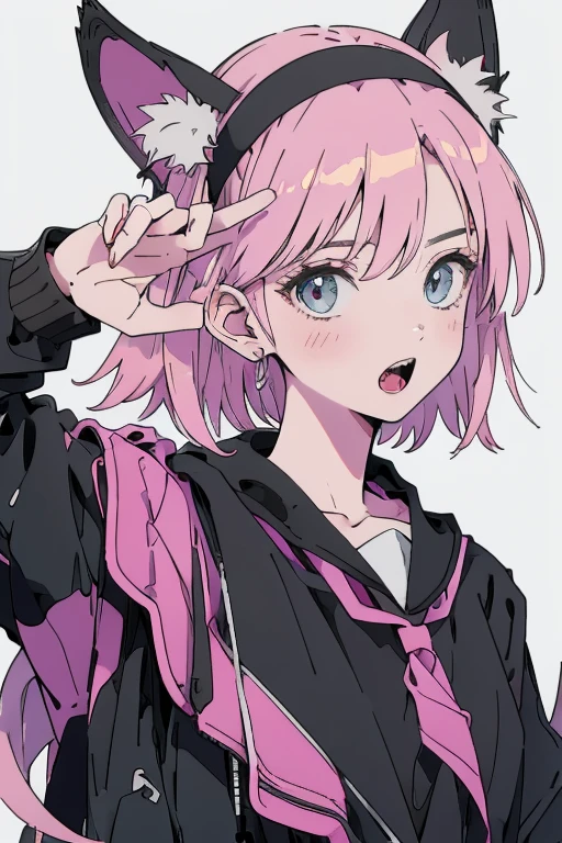 Pink Hair,Black clothes,White Background,Facing right front,Surprised expression,with headband,Double Tail