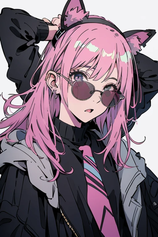 Pink Hair，Black clothes，White Background，Facing right front，Surprised expression，with headband，Double Tail