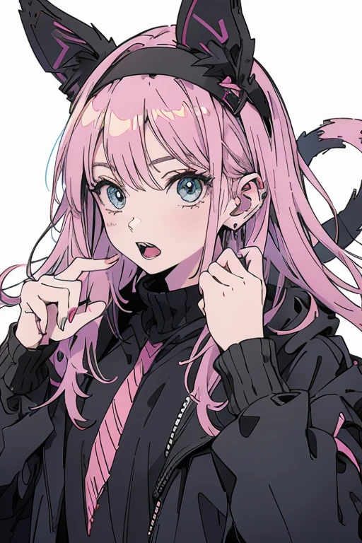 Pink Hair,Black clothes,White Background,Facing right front,Surprised expression,with headband,Double Tail