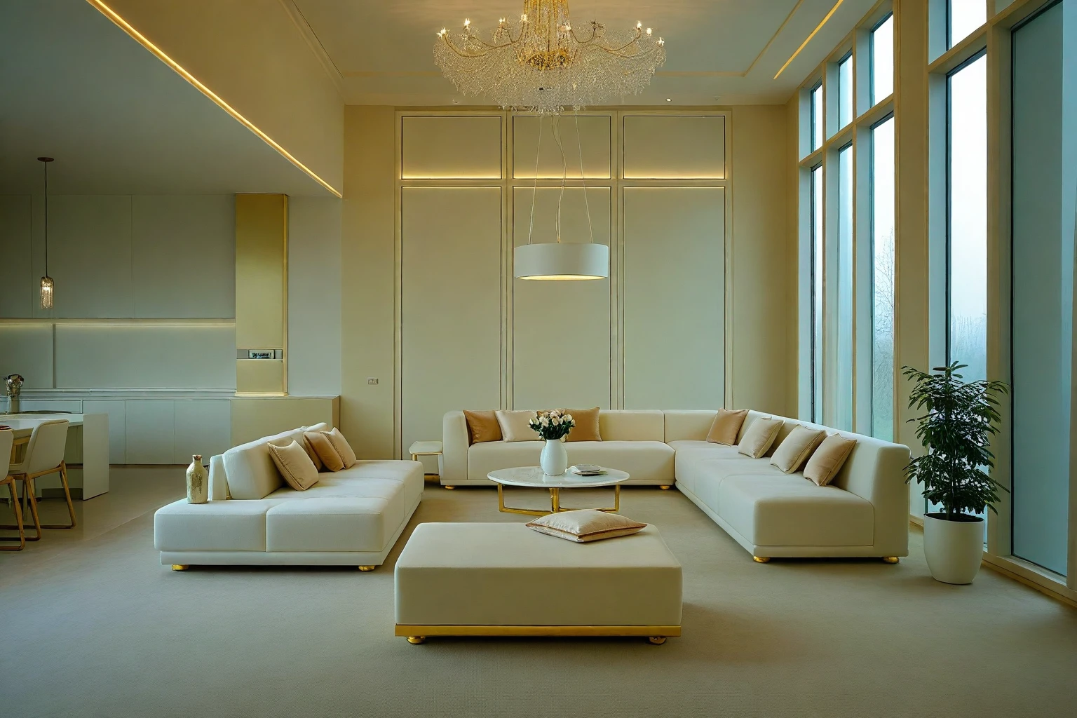 ，Masterpiece, Best quality，8K, Ultra-high resolution，When you step into the living room，Immediately surrounded by a rich atmosphere of luxury。Ornate crystal chandeliers hang high on the wall，Shine brightly。The sofa was covered with a soft white fluffy blanket，It is so comfortable，So much so that you can't help but indulge in it。In the corner of the living room is a delicate coffee table，Embellished with precious porcelain and champagne gold ornaments。Whenever it is late afternoon，The afterglow from the window spilled on the floor，Soft light and shadow are reflected，It was as if entering a dreamland。