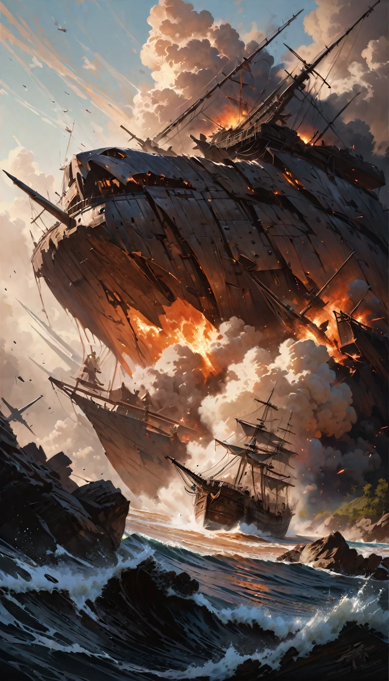a pirate war, a great naval battle, cannon fire, falling smoke, a visible ship at which the shot was fired, a direct hit and damage, a broken sail, fire, (best quality,4k,8k,highres,masterpiece:1.2),ultra-detailed,(realistic,photorealistic,photo-realistic:1.37),dramatic lighting,epic scale,cinematic composition,dramatic angles,volumetric fog,volumetric lighting,dynamic action,dark and moody,gritty and realistic,muted color palette