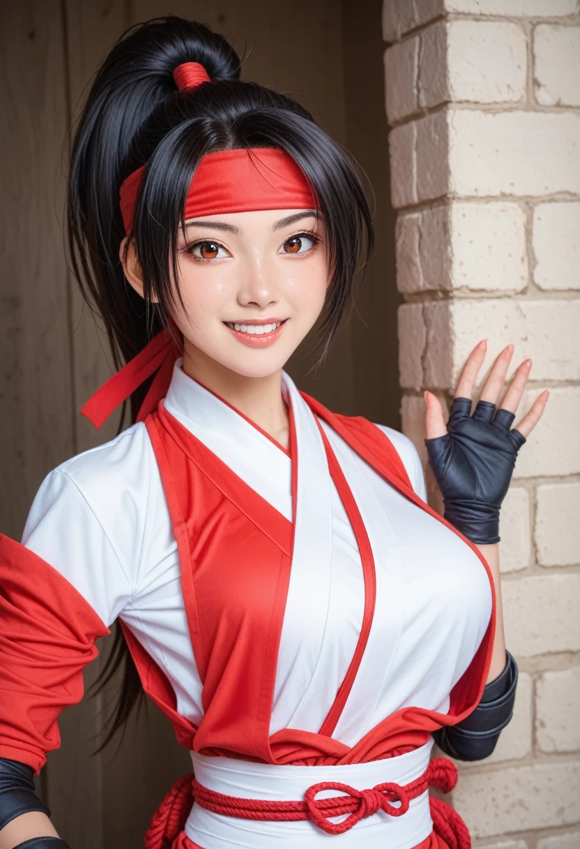 score_9,score_8_up,score_7_up,(pastel-color),(high brightness colors),Cute 20-year-old Japanese 1 girl,solo,(8k, masterpiece, ultra-detailed, best quality, ultra high res, newest, very aesthetic, absurdres, illustration, perfect composition),(hires),looking at viewer,black hair,shiny skin,fair skin,(upper body:1.5),toothless smilev,emphasizing her curvy body and large breasts,(ninja:1.5),A sexy female ninja in a tight red ninja outfit, perfectly clinging to her body as she raises one leg, seductive smile, background of a castle lit by fire