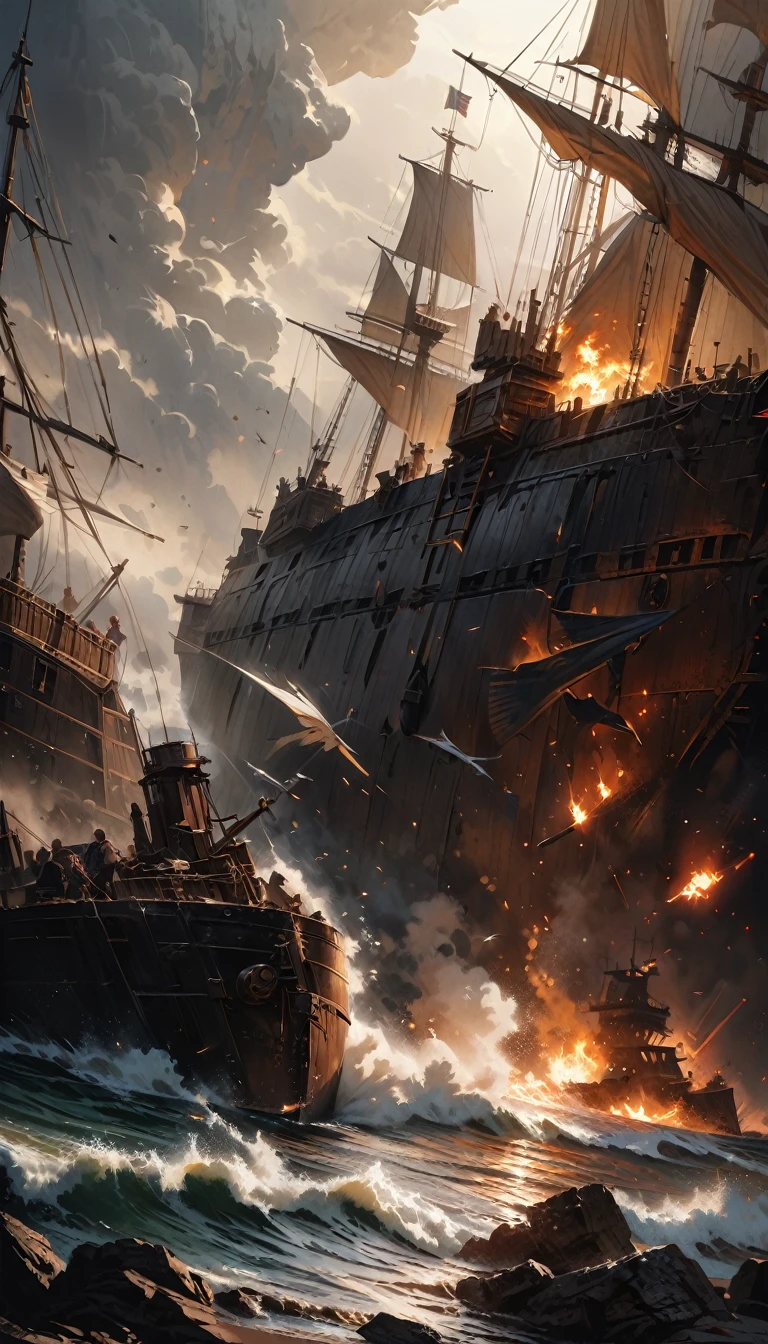 a pirate war, a great naval battle, cannon fire, falling smoke, a visible ship at which the shot was fired, a direct hit and damage, a broken sail, fire, (best quality,4k,8k,highres,masterpiece:1.2),ultra-detailed,(realistic,photorealistic,photo-realistic:1.37),dramatic lighting,epic scale,cinematic composition,dramatic angles,volumetric fog,volumetric lighting,dynamic action,dark and moody,gritty and realistic,muted color palette